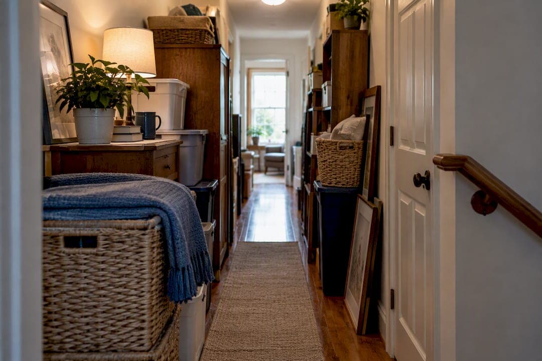 Narrow hallway obstructed by stored belongings