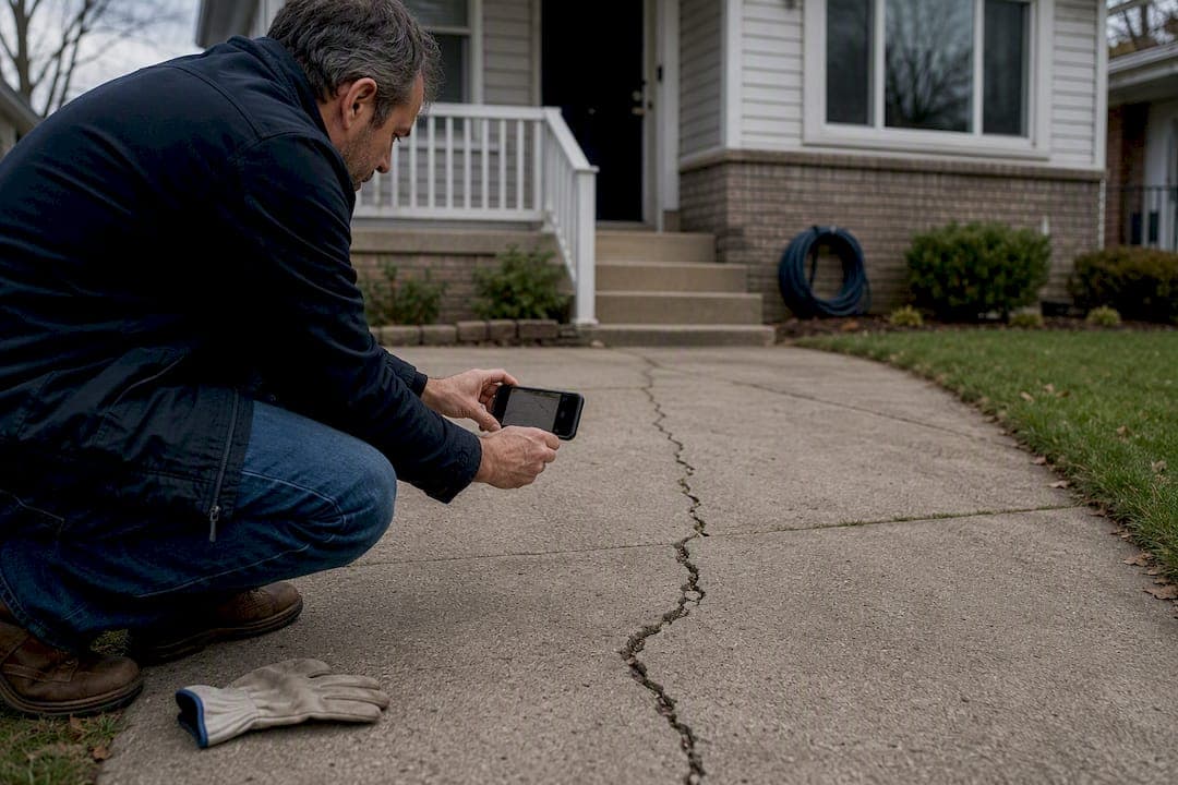 Homeowner documenting a cracked driveway