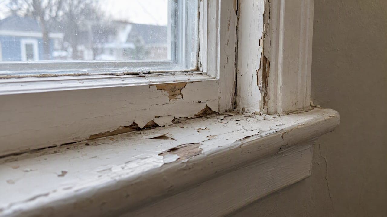 Peeling paint along old interior window trim